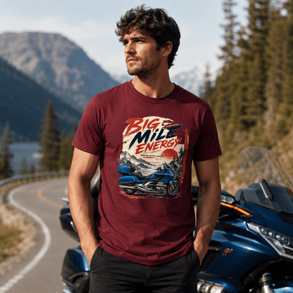 Model wearing the Camberline Big Mile Energy Luxury Tourer T-Shirt with riders graphic clothing design