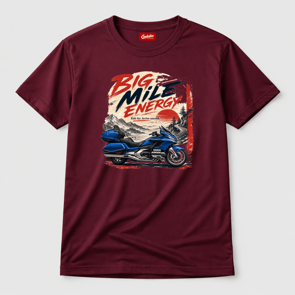 Camberline Big Mile Energy Luxury Tourer T-Shirt showing the front graphic print for riders clothing
