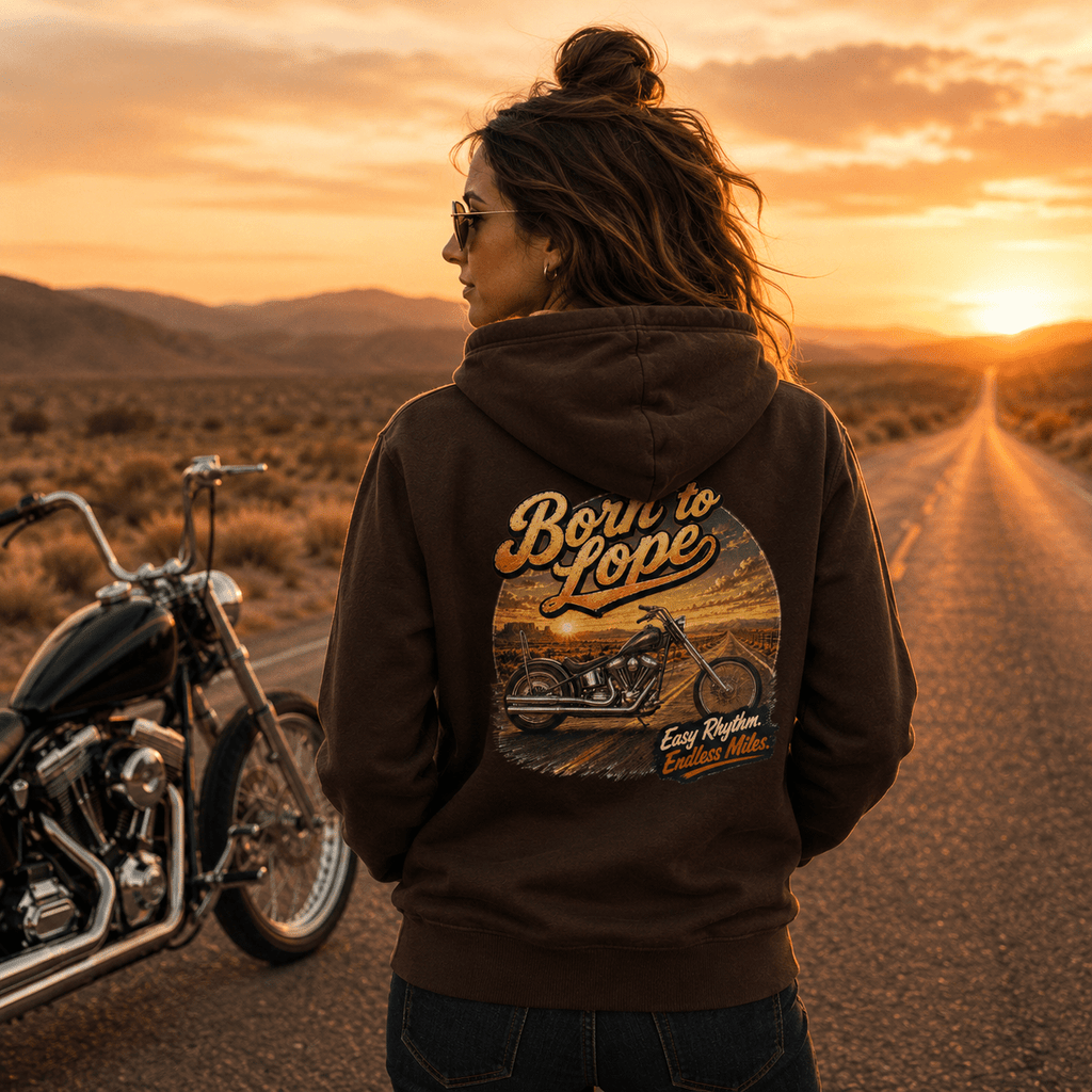 Model wearing the Camberline Born To Lope Custom Chopper Motorcycle Hoodie with riders graphic clothing design