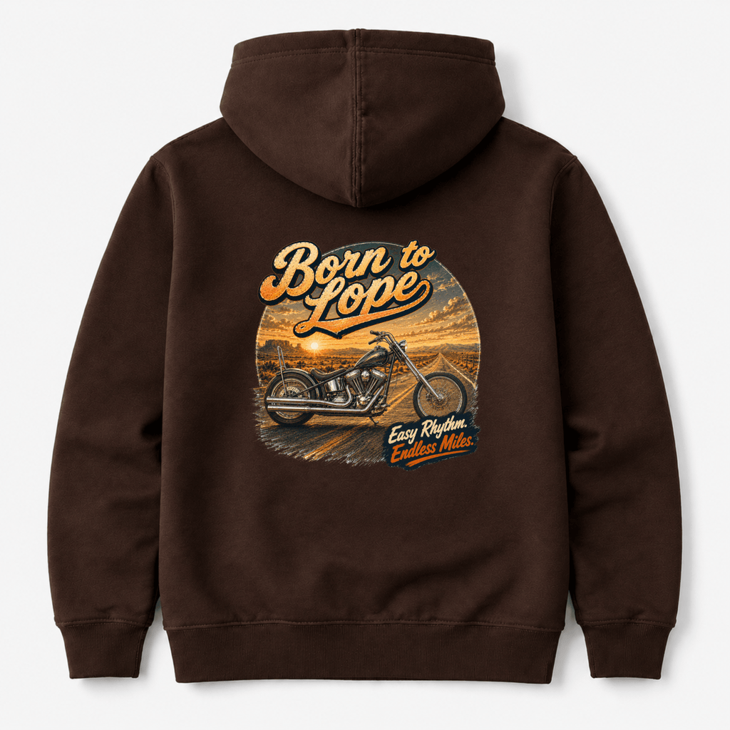 Camberline Born To Lope Custom Chopper Motorcycle Hoodie showing the back graphic print for riders clothing