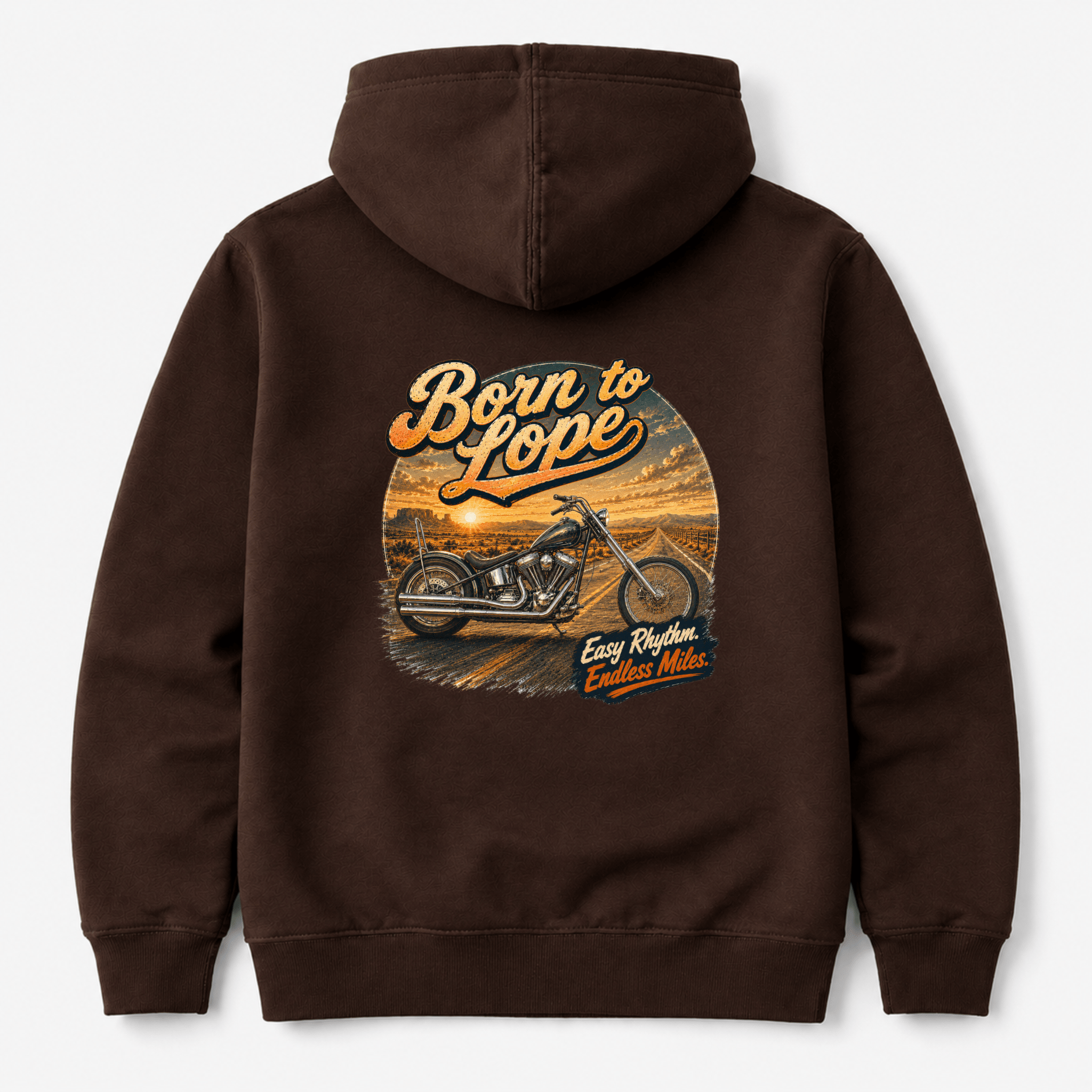 Camberline Born To Lope Custom Chopper Motorcycle Hoodie showing the back graphic print for riders clothing