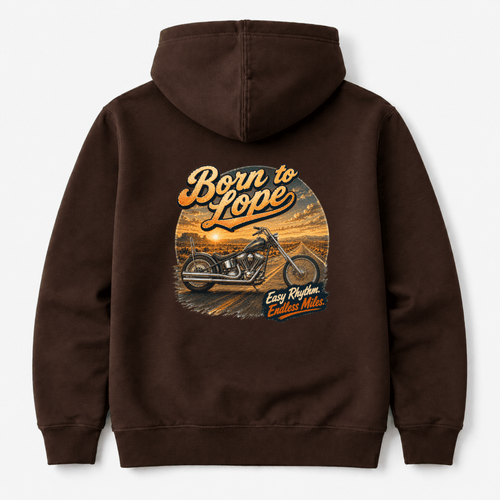 Camberline Born To Lope Custom Chopper Motorcycle Hoodie showing the back graphic print for riders clothing