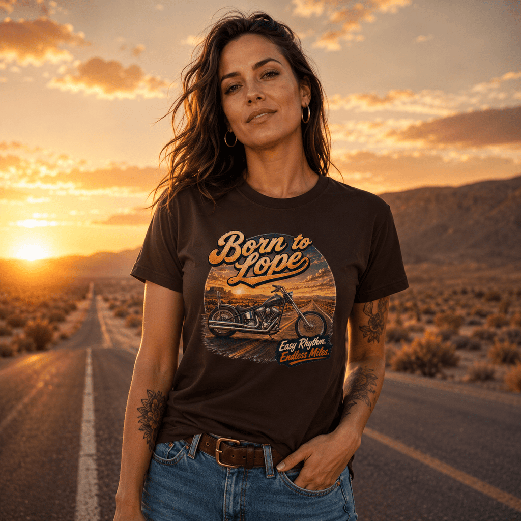 Model wearing the Camberline Born To Lope Custom Chopper T-Shirt with riders graphic clothing design
