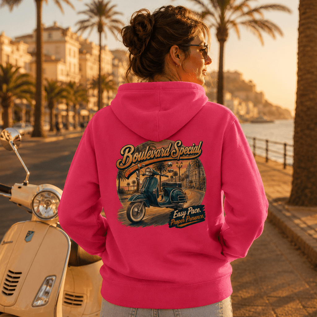 Model wearing the Camberline Boulevard Special Retro Scooter Hoodie with riders graphic clothing design