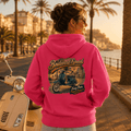 Model wearing the Camberline Boulevard Special Retro Scooter Hoodie with riders graphic clothing design