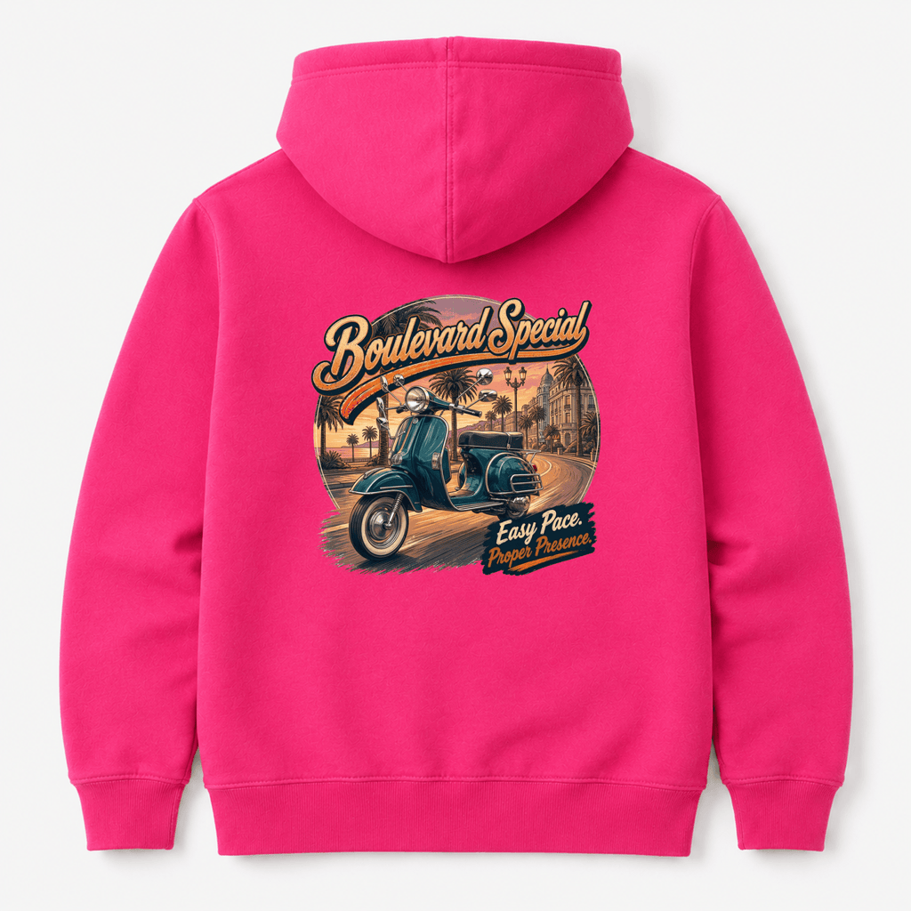 Camberline Boulevard Special Retro Scooter Hoodie showing the back graphic print for riders clothing