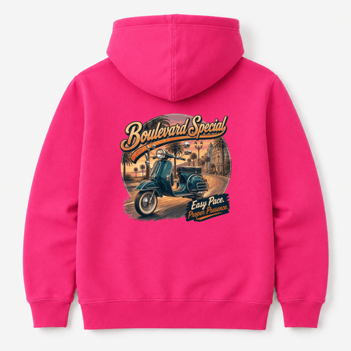 Camberline Boulevard Special Retro Scooter Hoodie showing the back graphic print for riders clothing