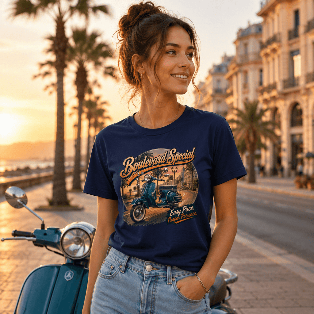 Model wearing the Camberline Boulevard Special Retro Scooter T-Shirt with riders graphic clothing design