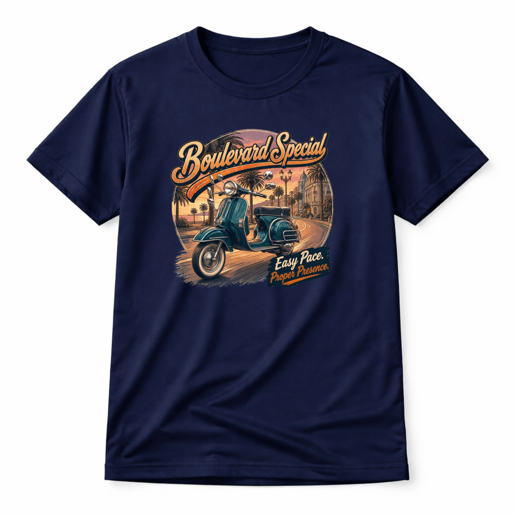 Camberline Boulevard Special Retro Scooter T-Shirt showing the front graphic print for riders clothing