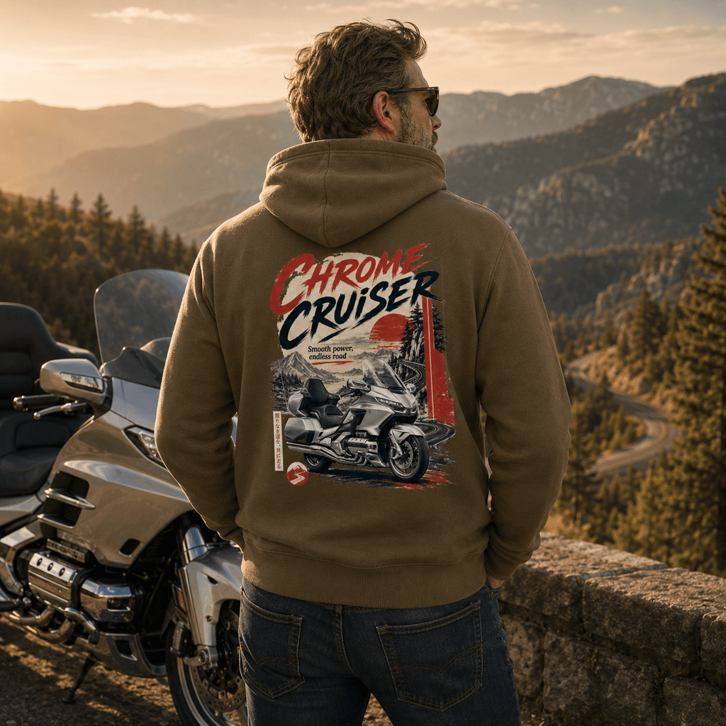 Model wearing the Camberline Chrome Cruiser Touring Motorcycle Hoodie with riders graphic clothing design