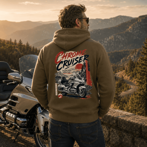 Model wearing the Camberline Chrome Cruiser Touring Motorcycle Hoodie with riders graphic clothing design