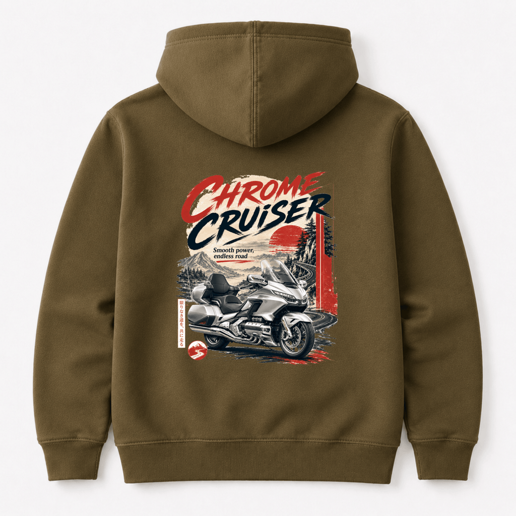 Camberline Chrome Cruiser Touring Motorcycle Hoodie showing the back graphic print for riders clothing