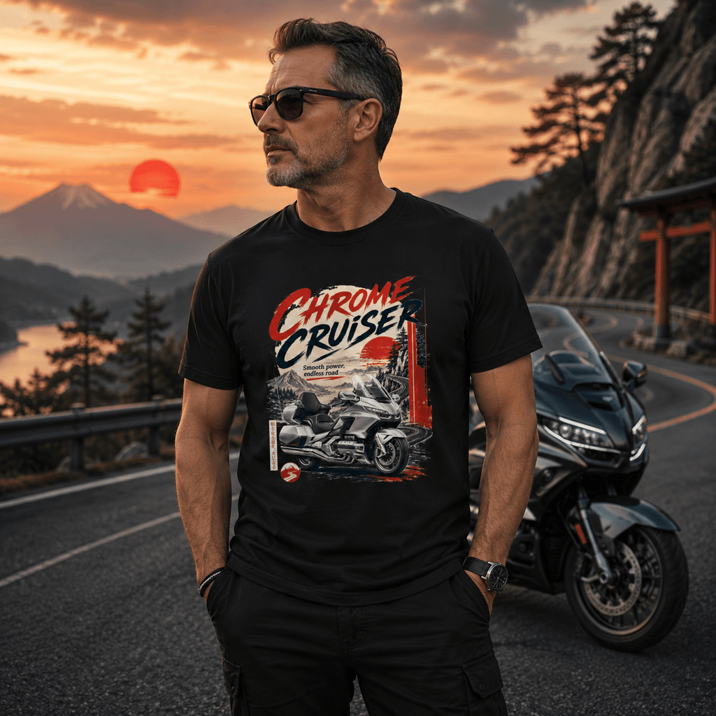 Model wearing the Camberline Chrome Cruiser Touring Motorcycle T-Shirt with riders graphic clothing design