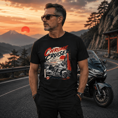 Model wearing the Camberline Chrome Cruiser Touring Motorcycle T-Shirt with riders graphic clothing design
