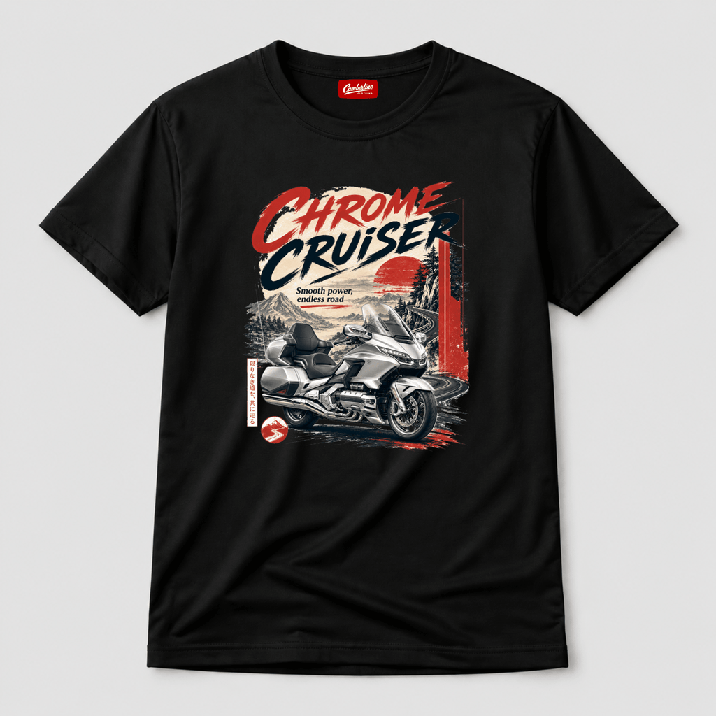 Camberline Chrome Cruiser Touring Motorcycle T-Shirt showing the front graphic print for riders clothing