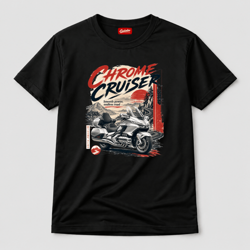 Camberline Chrome Cruiser Touring Motorcycle T-Shirt showing the front graphic print for riders clothing
