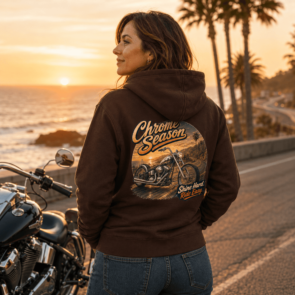 Model wearing the Camberline Chrome Season Custom Chopper Motorcycle Hoodie with riders graphic clothing design