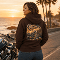 Model wearing the Camberline Chrome Season Custom Chopper Motorcycle Hoodie with riders graphic clothing design