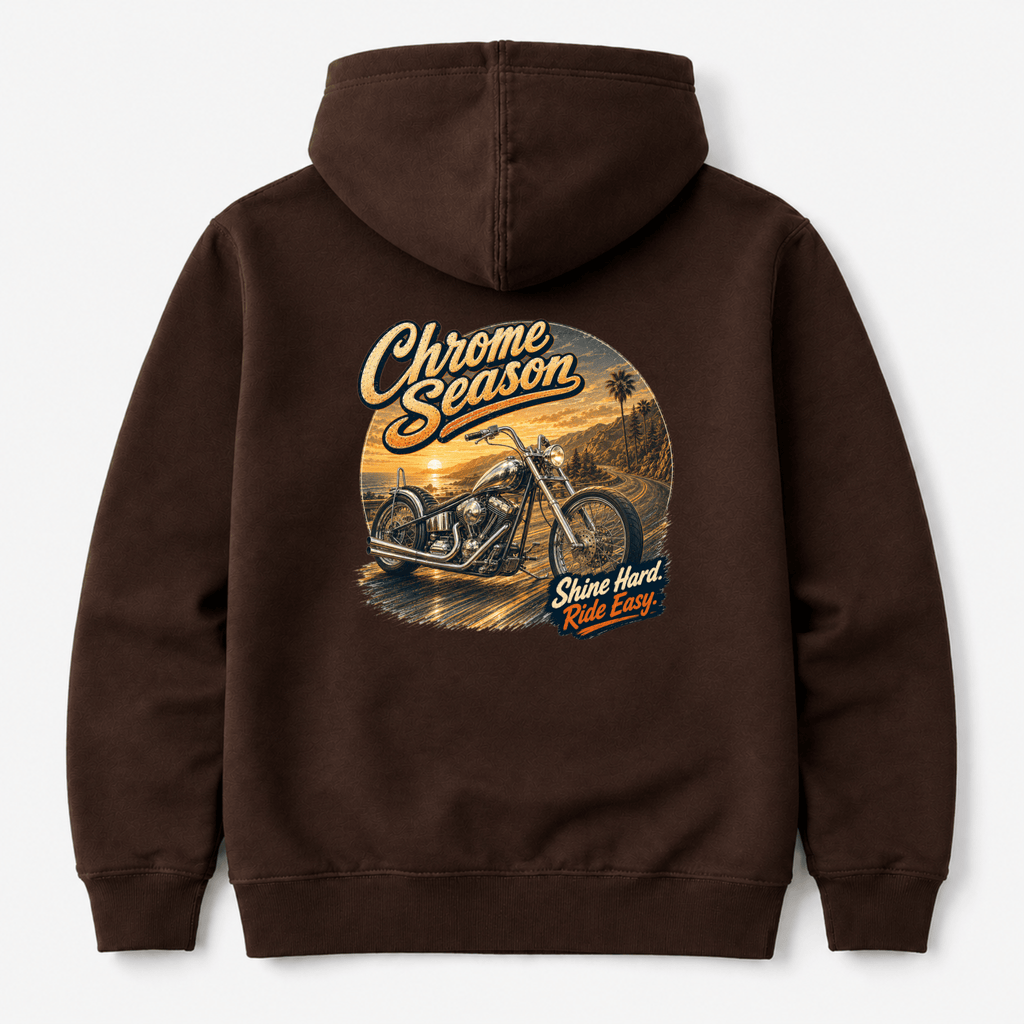 Camberline Chrome Season Custom Chopper Motorcycle Hoodie showing the back graphic print for riders clothing