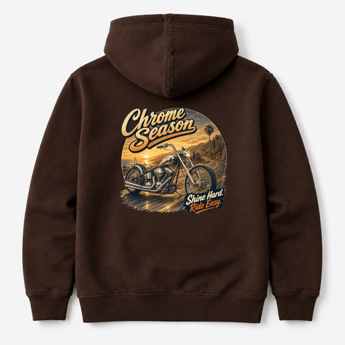 Camberline Chrome Season Custom Chopper Motorcycle Hoodie showing the back graphic print for riders clothing