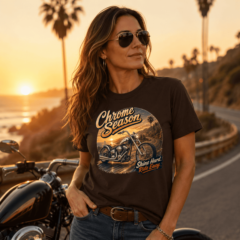 Model wearing the Camberline Chrome Season Custom Chopper T-Shirt with riders graphic clothing design