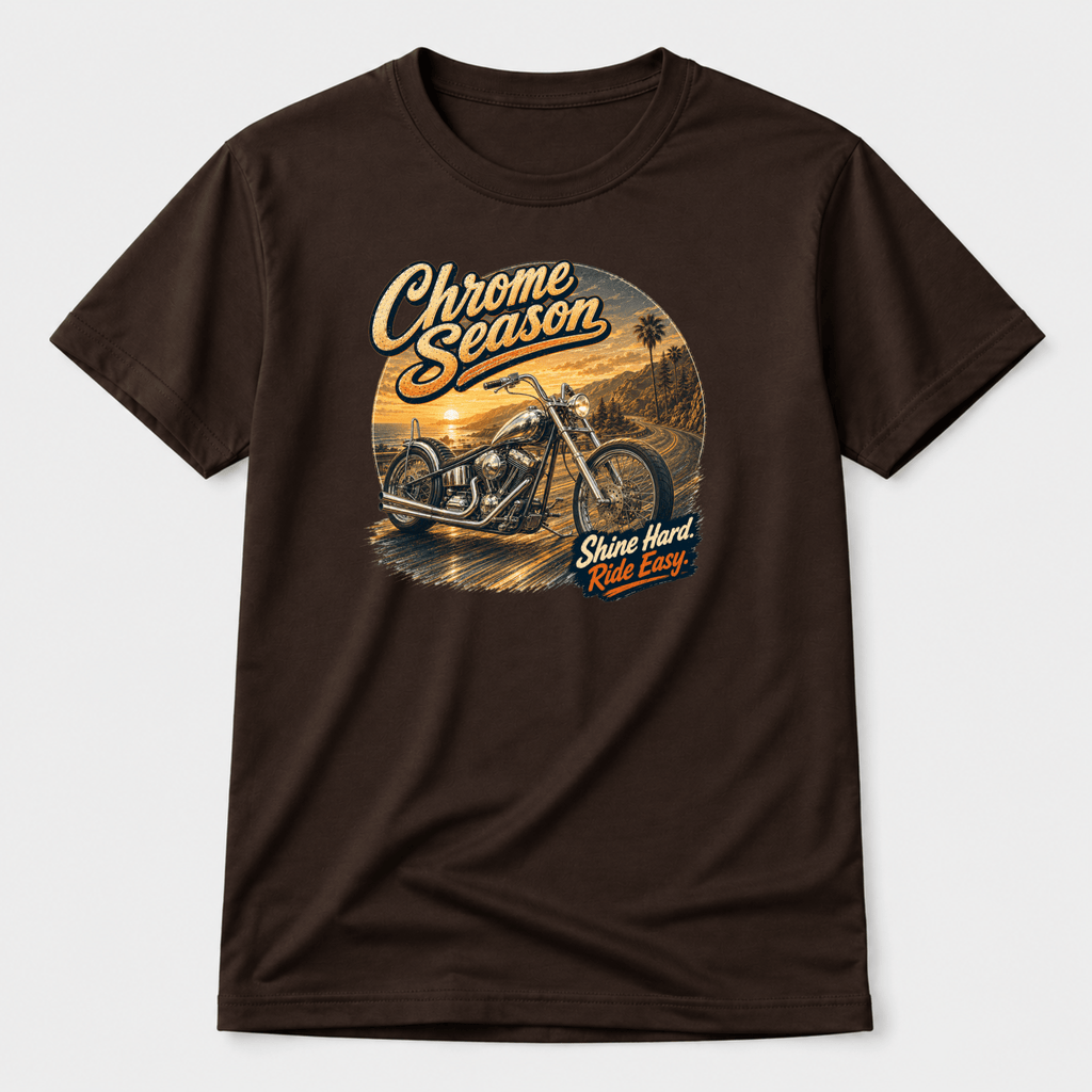 Camberline Chrome Season Custom Chopper T-Shirt showing the front graphic print for riders clothing