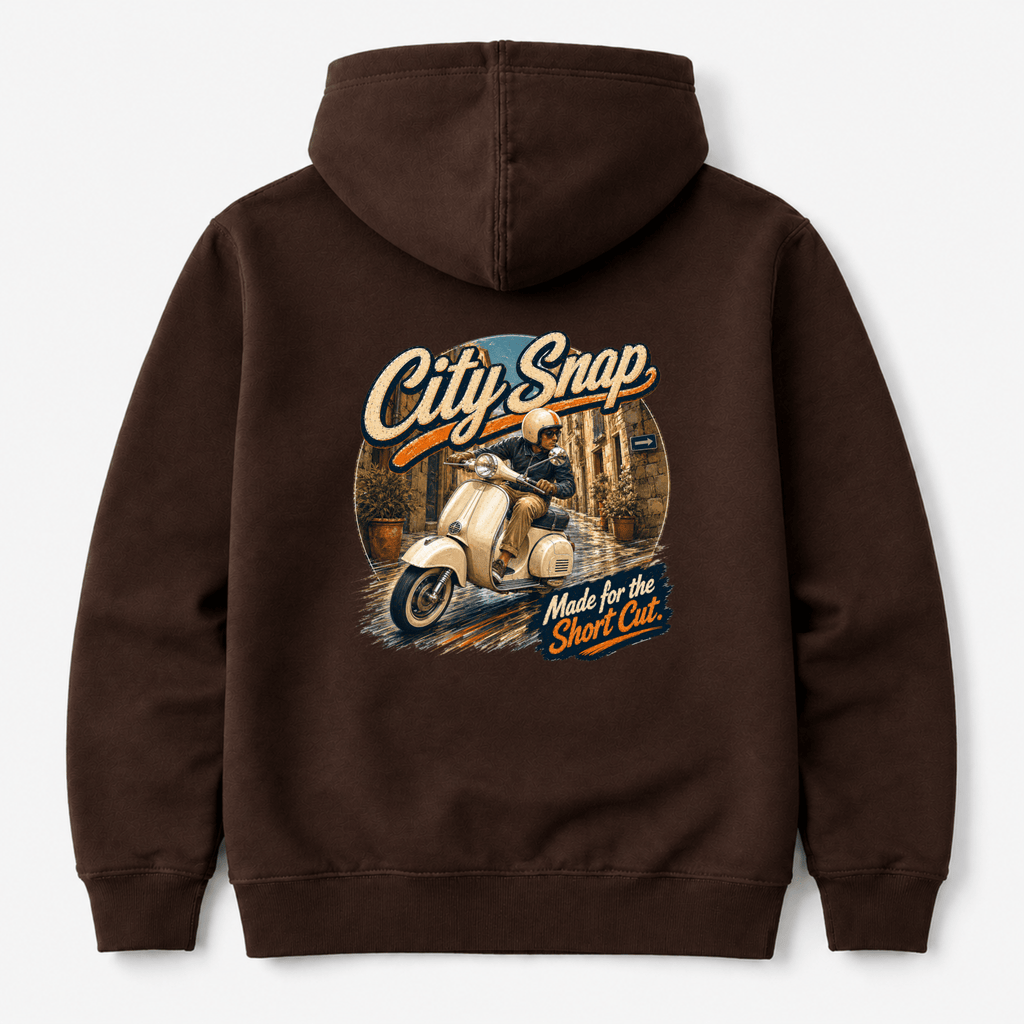 Camberline City Snap Mod Scooter Hoodie showing the back graphic print for riders clothing