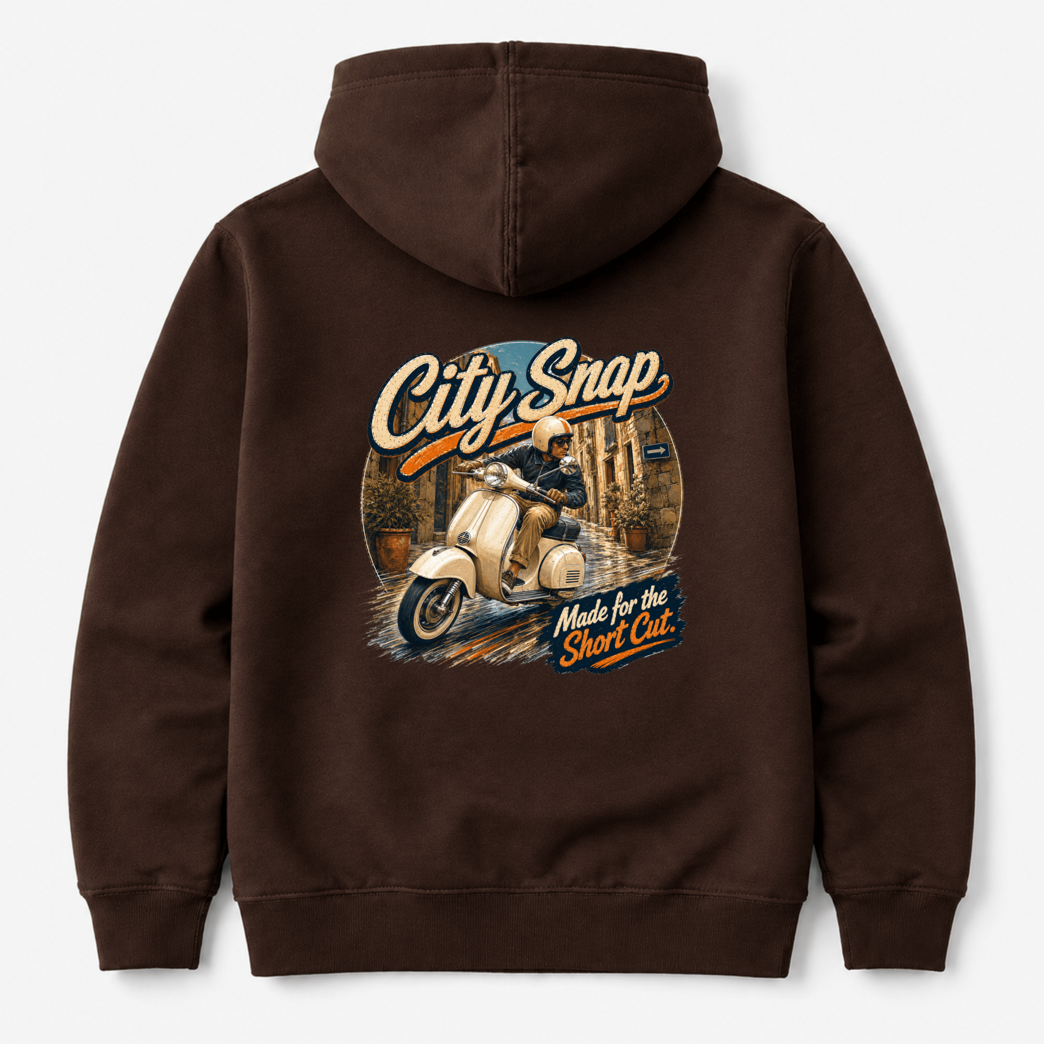 Camberline City Snap Mod Scooter Hoodie showing the back graphic print for riders clothing