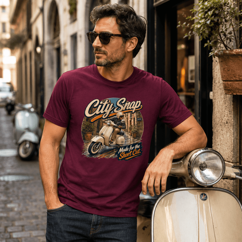 Model wearing the Camberline City Snap Mod Scooter T-Shirt with riders graphic clothing design