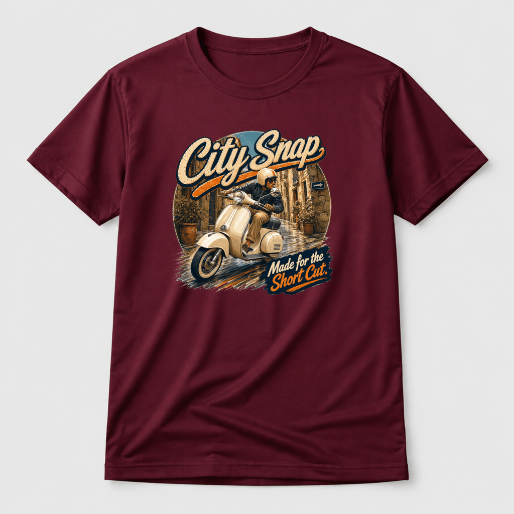 Camberline City Snap Mod Scooter T-Shirt showing the front graphic print for riders clothing