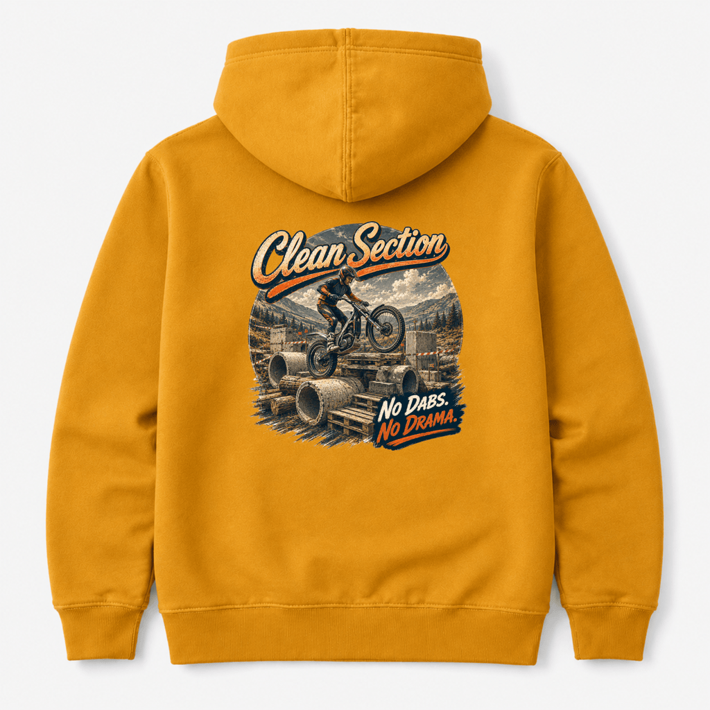 Camberline Riders Clean Section Trials Bike Hoodie – Mustard — back view showing the Camberline Riders Clean Section Trials Bike graphic print