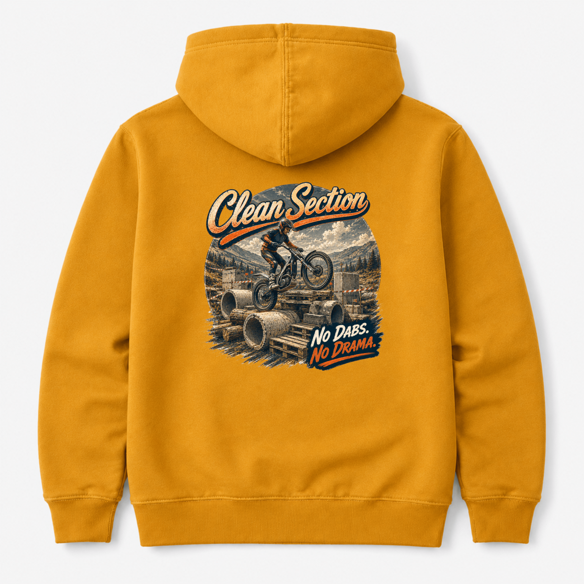 Camberline Riders Clean Section Trials Bike Hoodie – Mustard — back view showing the Camberline Riders Clean Section Trials Bike graphic print