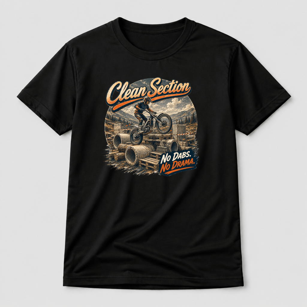 Camberline Riders Clean Section Trials Bike T-Shirt – Black — front view showing the Camberline Riders Clean Section Trials Bike graphic print
