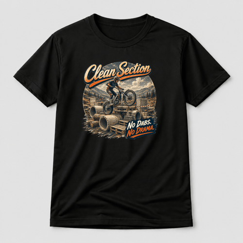 Camberline Riders Clean Section Trials Bike T-Shirt – Black — front view showing the Camberline Riders Clean Section Trials Bike graphic print