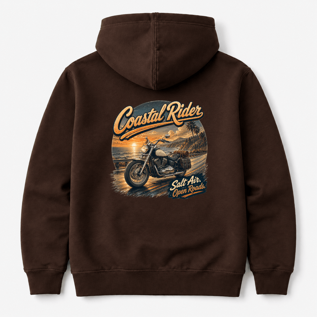 Camberline Riders Coastal Rider Motorcycle Hoodie – Hot Chocolate — back view showing the Camberline Riders Coastal Rider Motorcycle graphic print