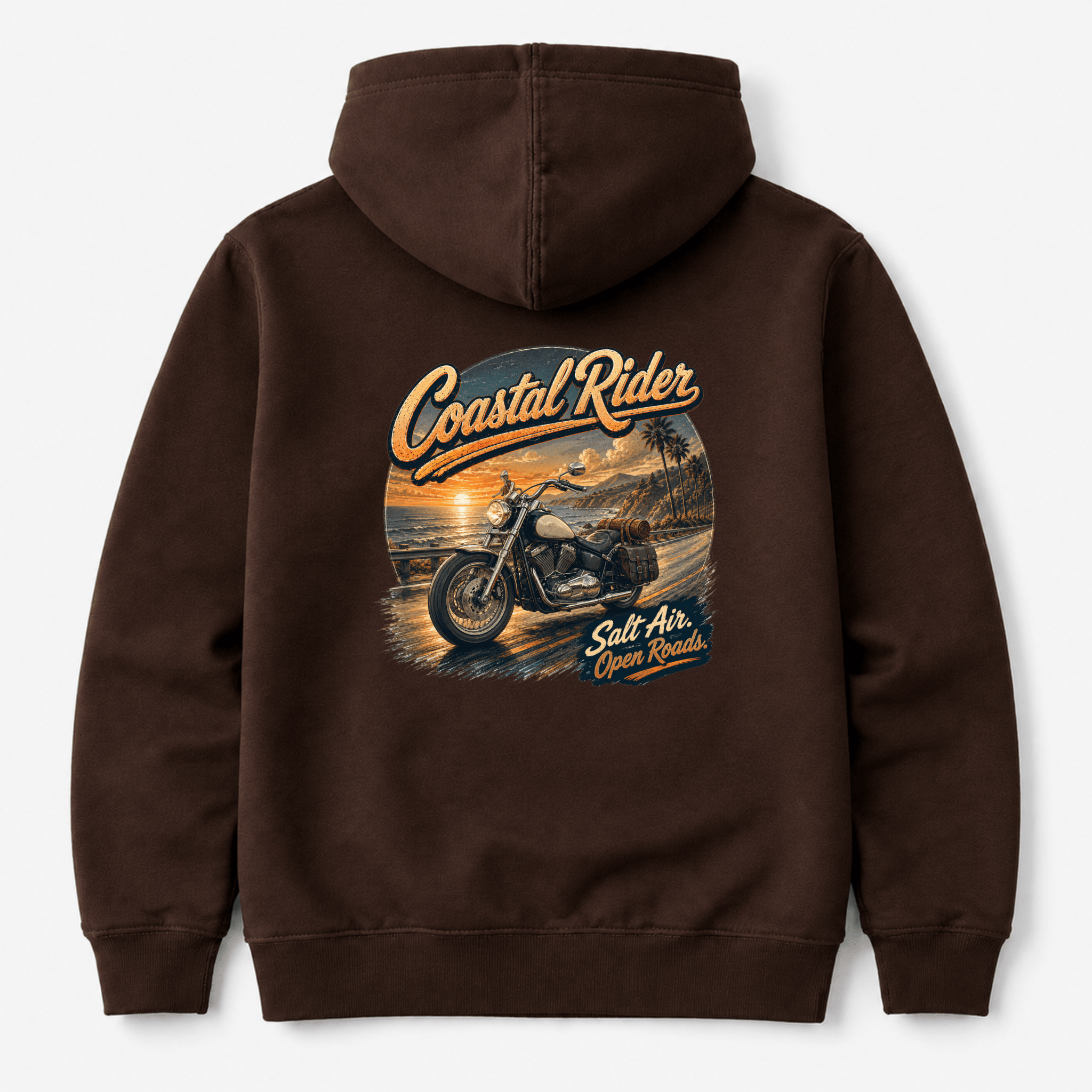 Camberline Riders Coastal Rider Motorcycle Hoodie – Hot Chocolate — back view showing the Camberline Riders Coastal Rider Motorcycle graphic print