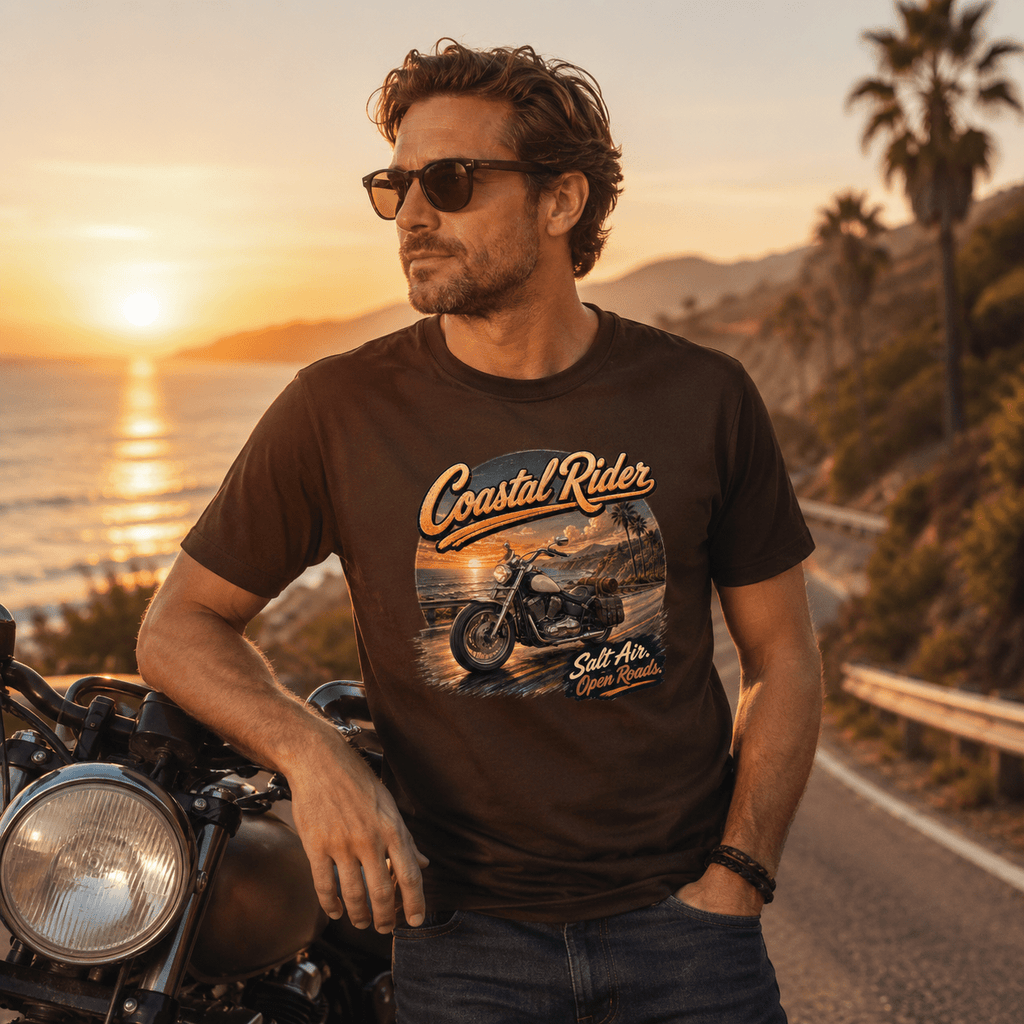 Model wearing the Camberline Riders Coastal Rider Motorcycle T-Shirt – Hot Chocolate, showing the Riders front graphic in a motorcycle-inspired setting