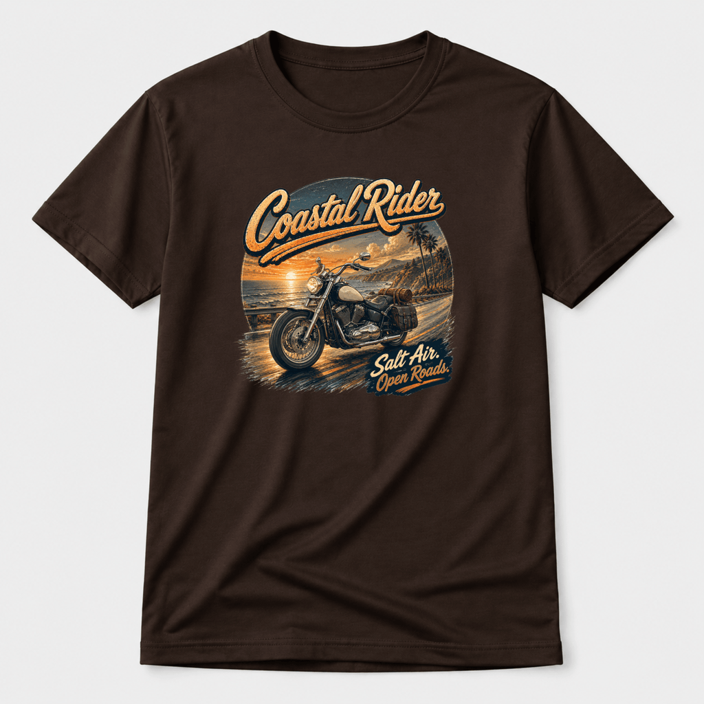 Camberline Riders Coastal Rider Motorcycle T-Shirt – Hot Chocolate — front view showing the Camberline Riders Coastal Rider Motorcycle graphic print