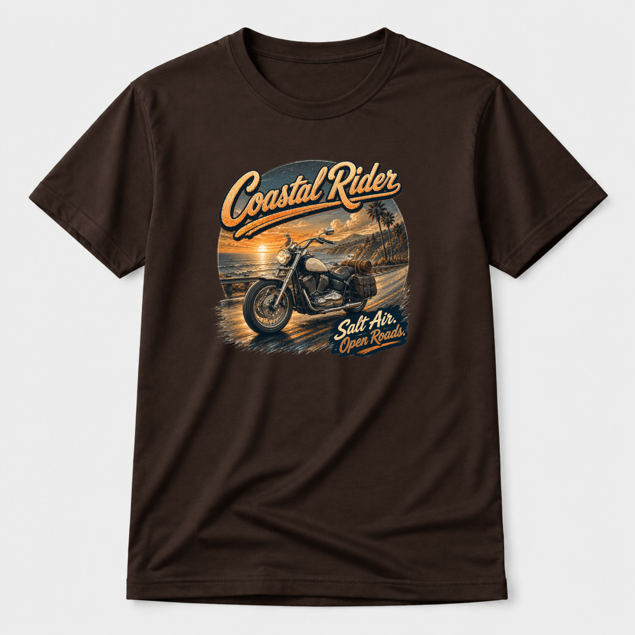 Camberline Riders Coastal Rider Motorcycle T-Shirt – Hot Chocolate — front view showing the Camberline Riders Coastal Rider Motorcycle graphic print