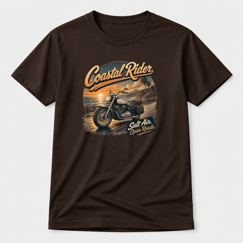 Camberline Riders Coastal Rider Motorcycle T-Shirt – Hot Chocolate — front view showing the Camberline Riders Coastal Rider Motorcycle graphic print