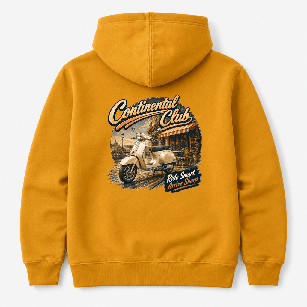 Camberline Riders Continental Club Vintage Scooter Hoodie – Mustard — back view showing the Camberline Riders Continental Club Vintage Scooter graphic print