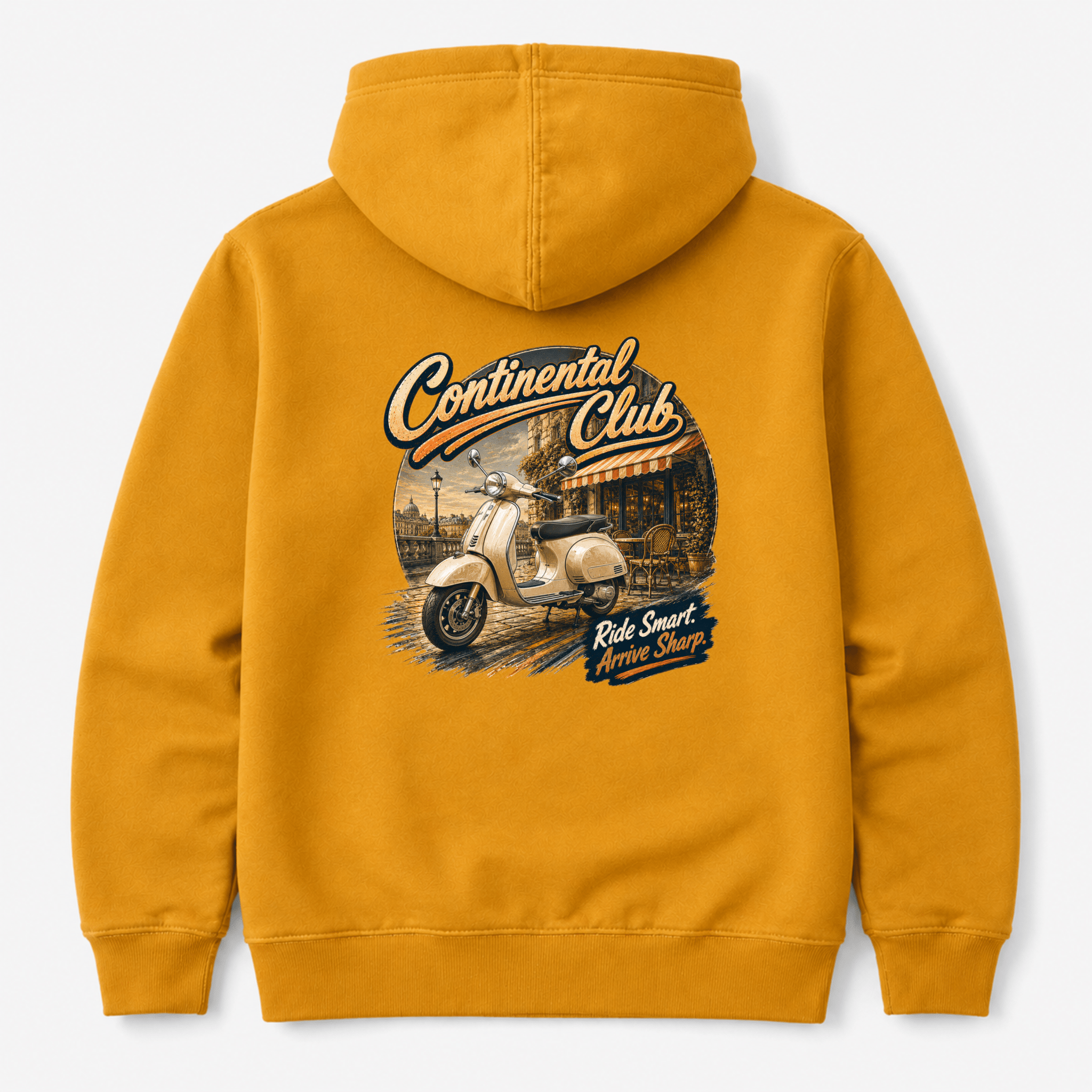 Camberline Riders Continental Club Vintage Scooter Hoodie – Mustard — back view showing the Camberline Riders Continental Club Vintage Scooter graphic print