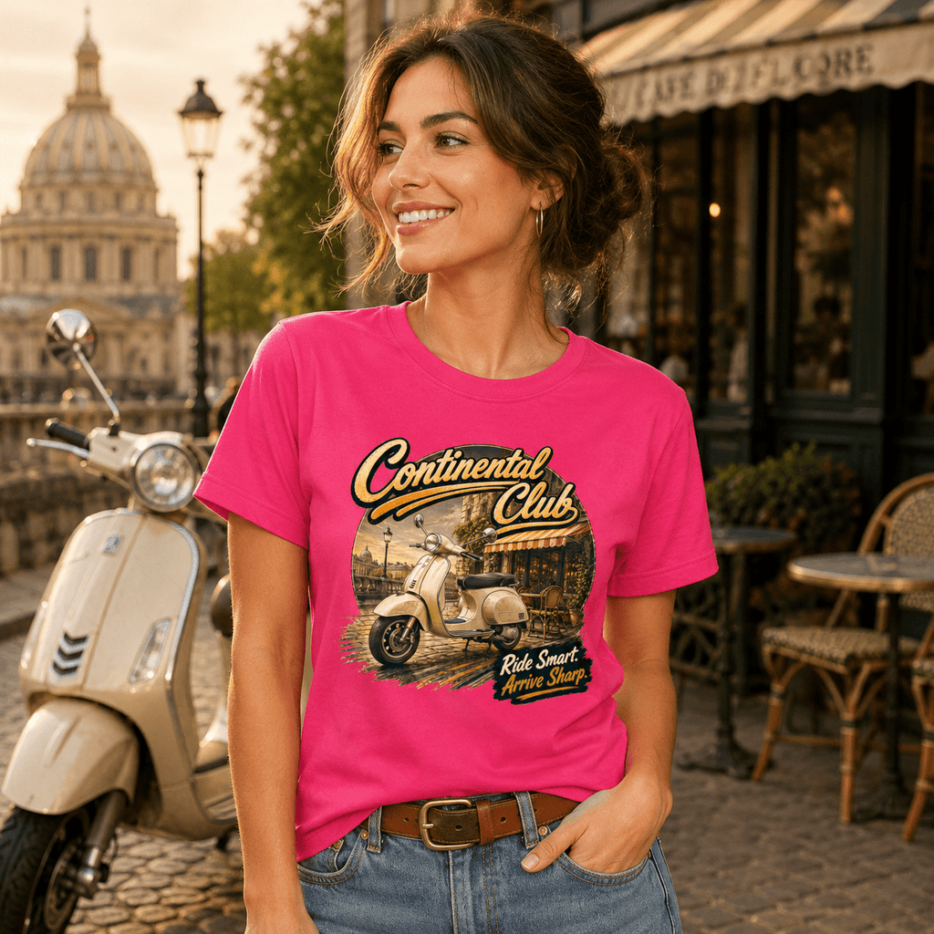 Model wearing the Camberline Riders Continental Club Vintage Scooter T-Shirt – Hot Pink, showing the Riders front graphic in a motorcycle-inspired setting