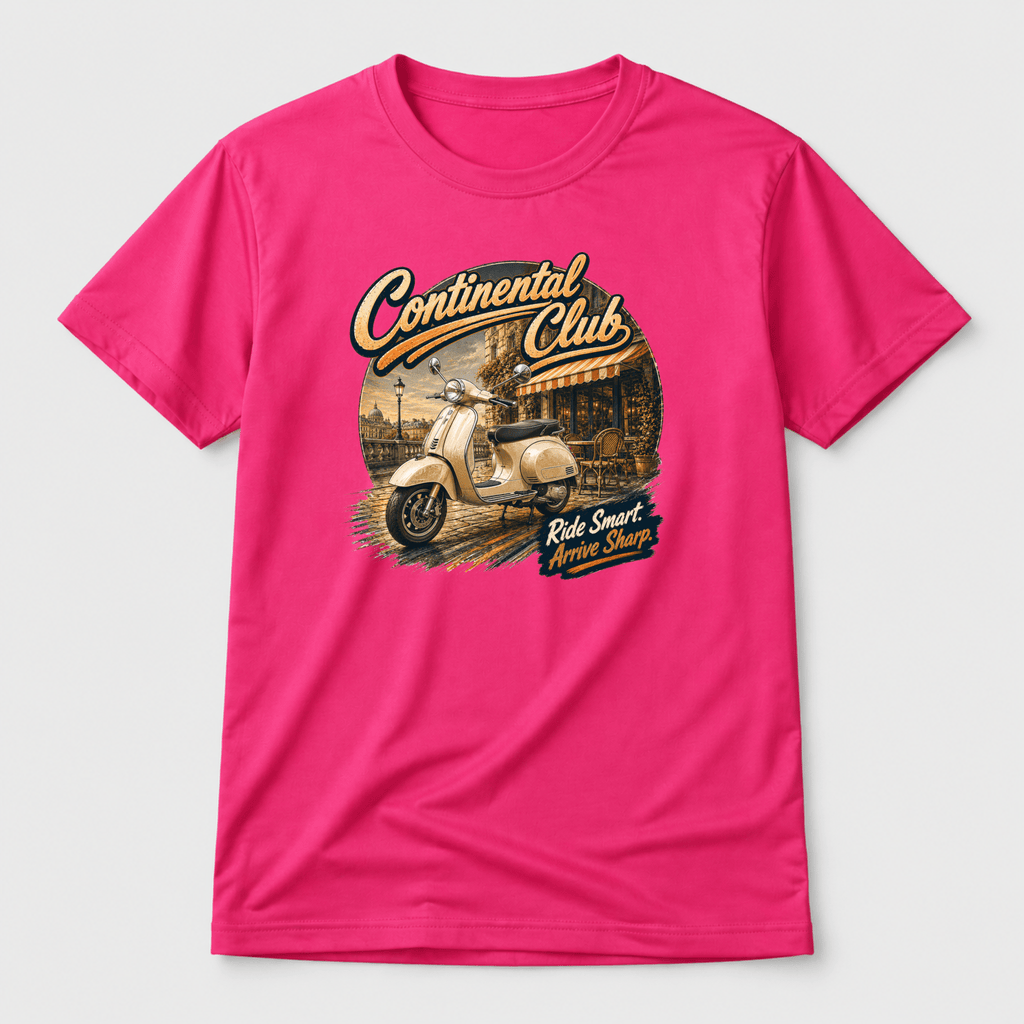 Camberline Riders Continental Club Vintage Scooter T-Shirt – Hot Pink — front view showing the Camberline Riders Continental Club Vintage Scooter graphic print