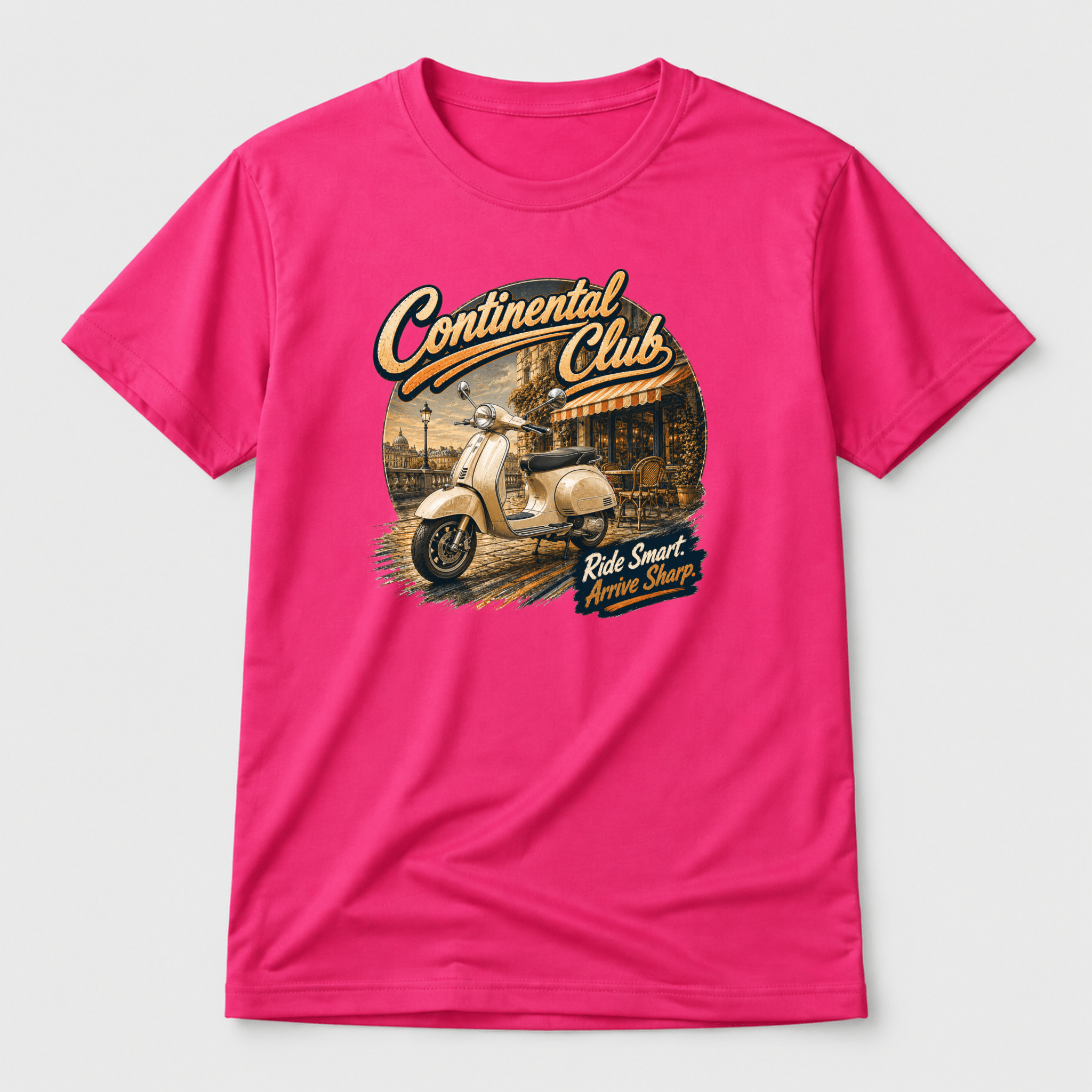 Camberline Riders Continental Club Vintage Scooter T-Shirt – Hot Pink — front view showing the Camberline Riders Continental Club Vintage Scooter graphic print