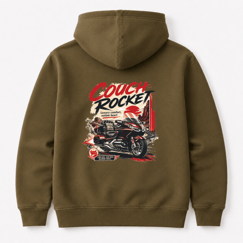 Camberline Riders Couch Rocket Luxury Tourer Motorcycle Hoodie – Khaki — back view showing the Camberline Riders Couch Rocket Luxury Tourer Motorcycle graphic print
