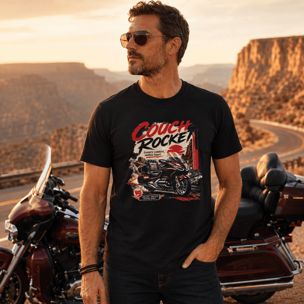 Model wearing the Camberline Riders Couch Rocket Luxury Tourer T-Shirt – Black, showing the Riders front graphic in a motorcycle-inspired setting