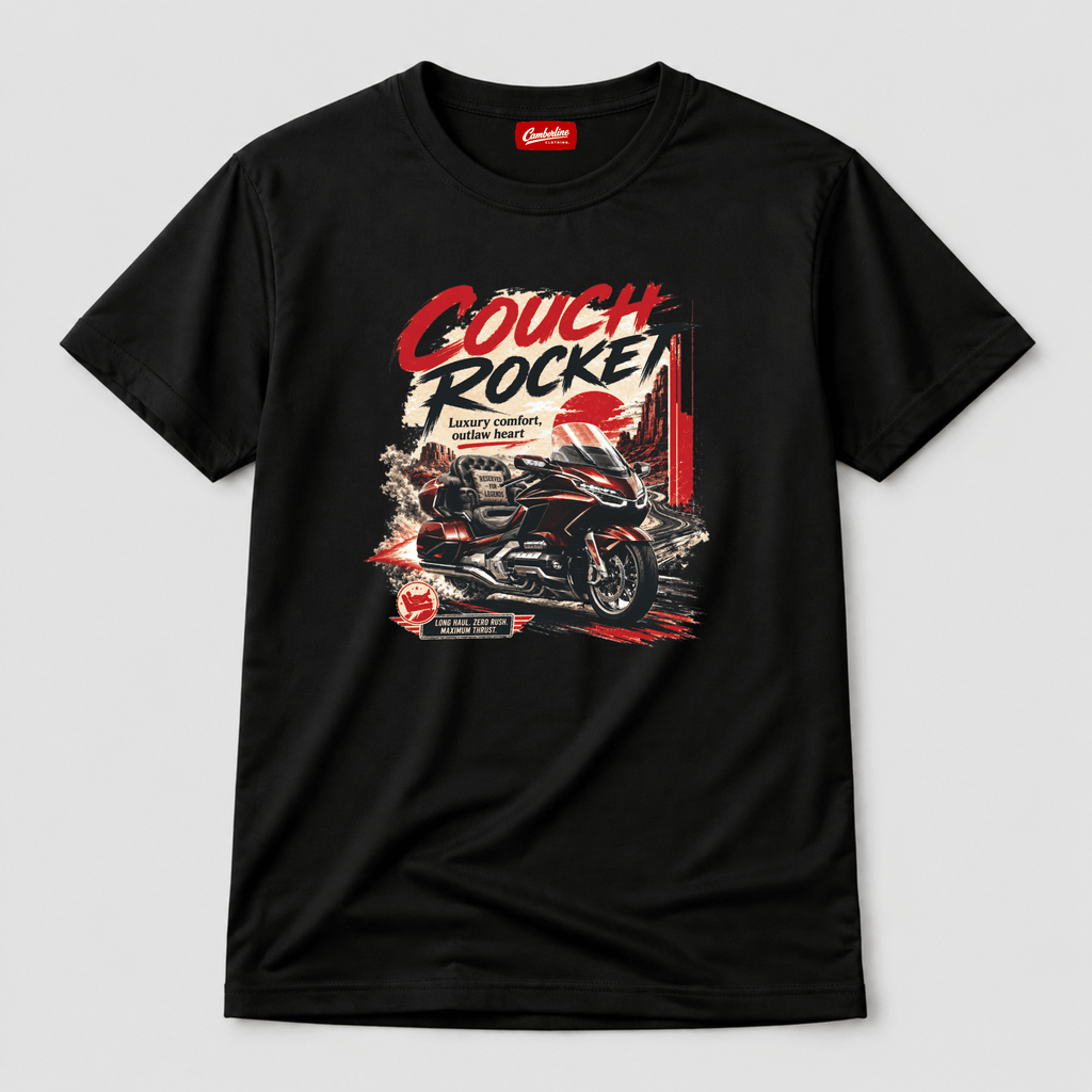 Camberline Riders Couch Rocket Luxury Tourer T-Shirt – Black — front view showing the Camberline Riders Couch Rocket Luxury Tourer graphic print
