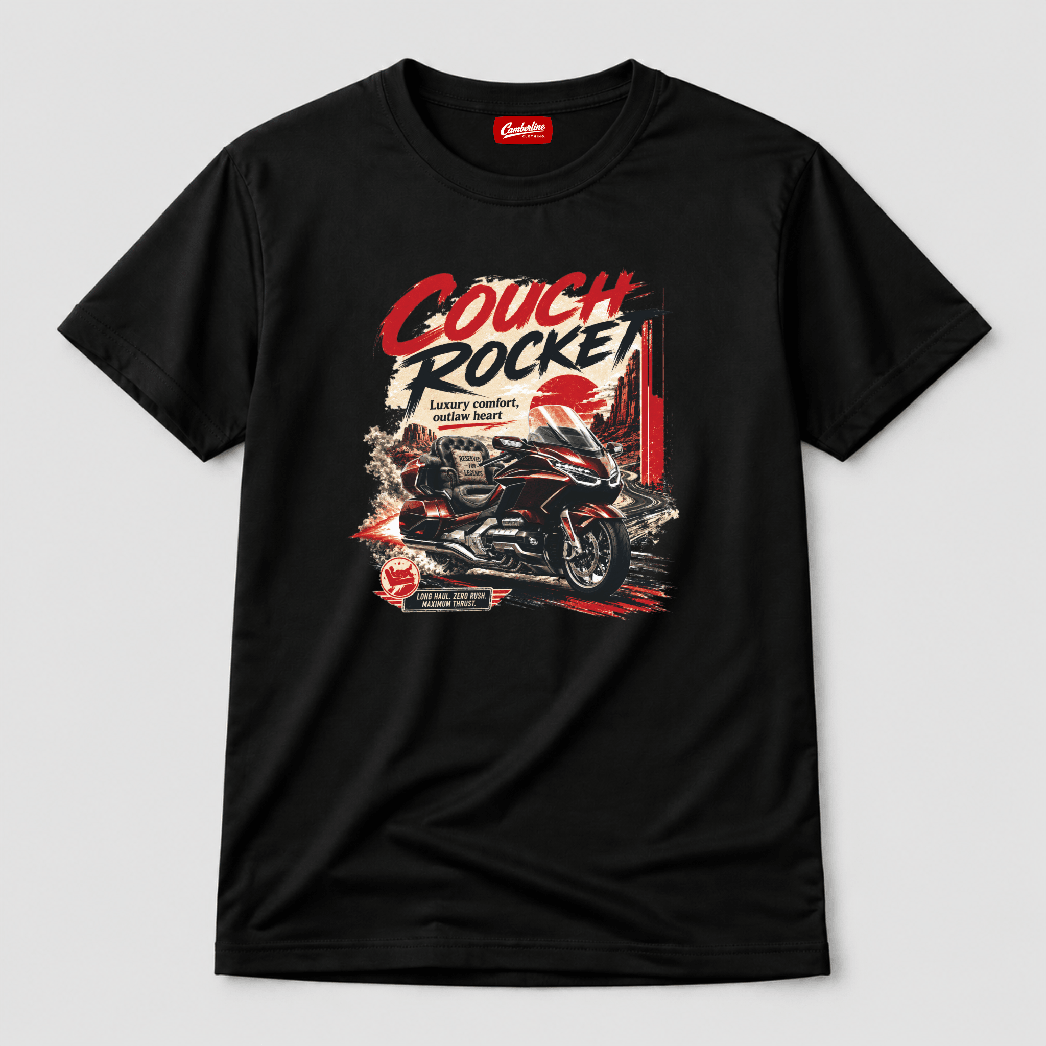 Camberline Riders Couch Rocket Luxury Tourer T-Shirt – Black — front view showing the Camberline Riders Couch Rocket Luxury Tourer graphic print