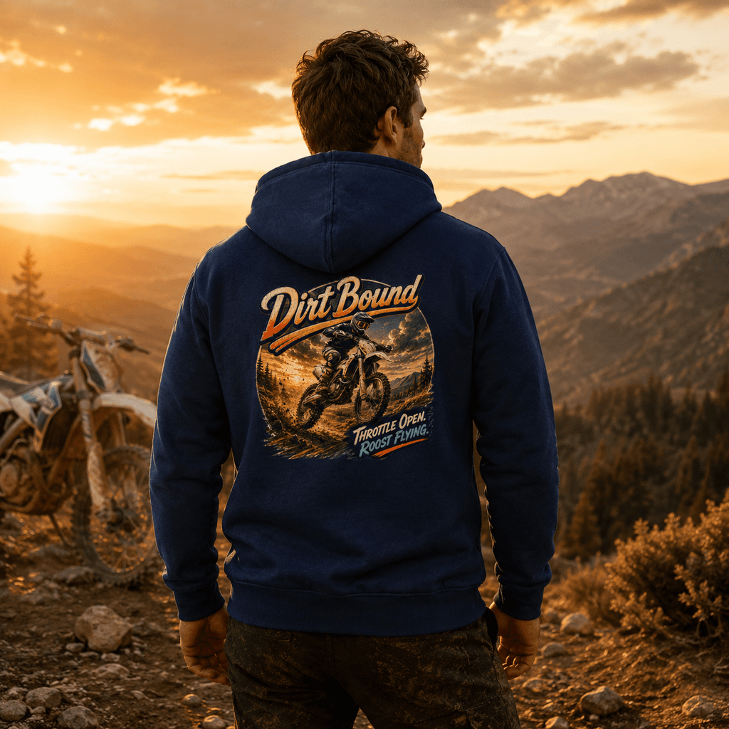 Model wearing the Camberline Riders Dirt Bound Enduro Bike Hoodie – Navy, showing the Riders back graphic in a motorcycle-inspired setting